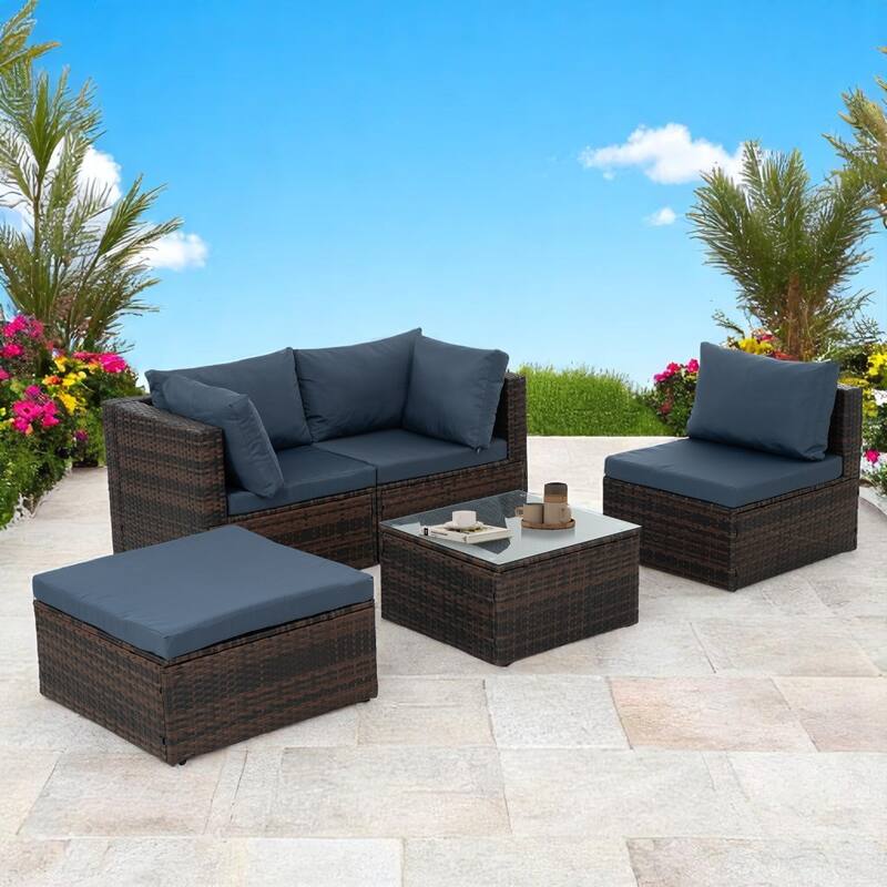 5-Piece Patio Furniture Set with PE Wicker Furniture set, Tempered Glass Table, Cushions with Zipper,Outdoor Furniture set - Brown+blue
