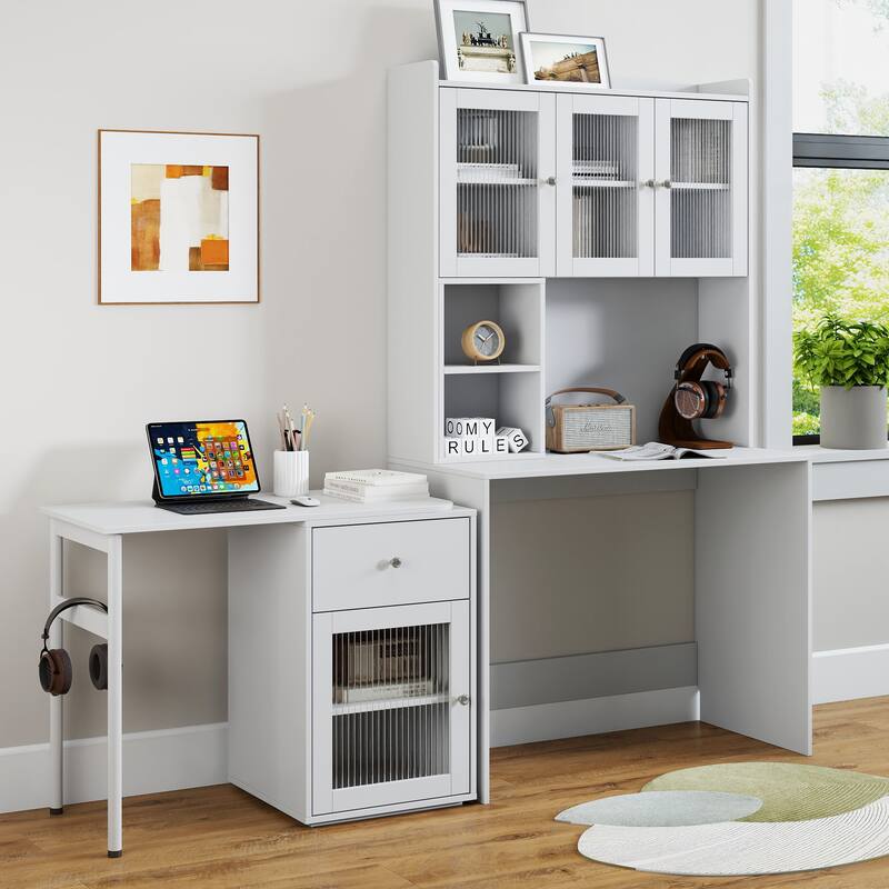 Roomfitters Computer Desk with Hutch and Rotating Table, Home Office Workstation with Glass Cabinet Doors - White