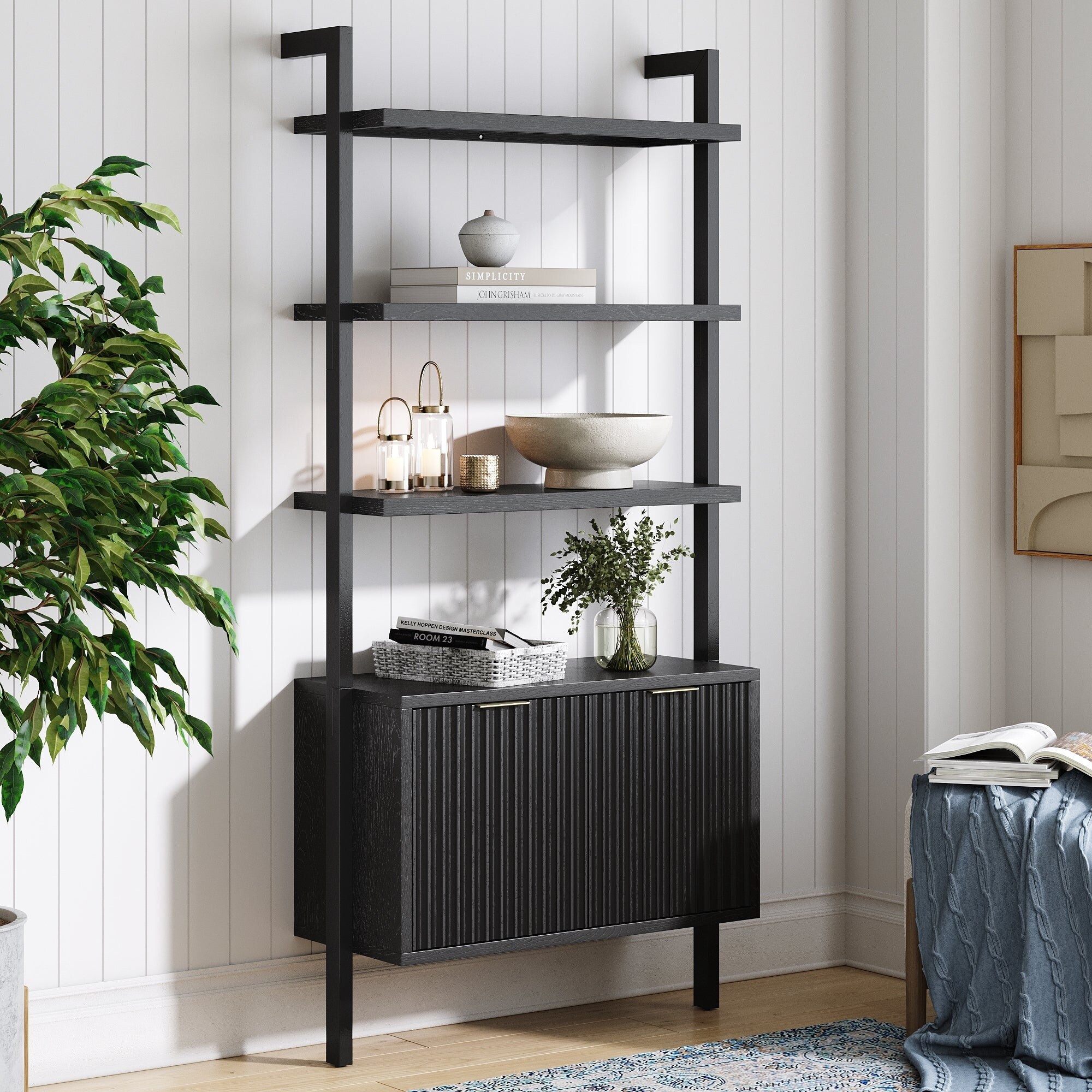 Jasper 3 Shelf Solid Wood Boho Bookshelf Wall Mounted Bookshelf with Cabinet with Fluted Doors On Sale Bed Bath Beyond 40277569