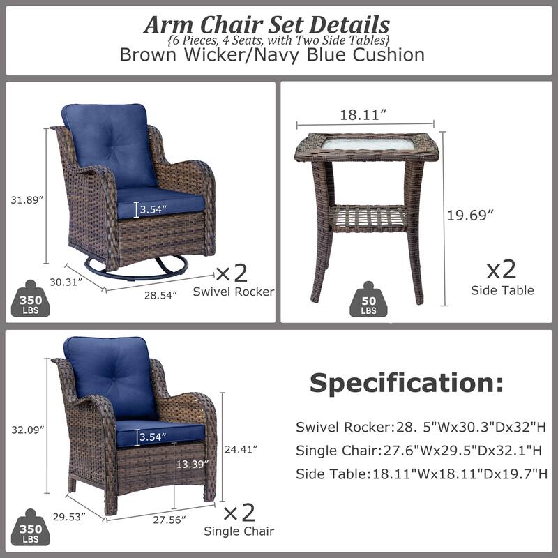 6-piece Outdoor Patio Wicker Swivel Rocker Chairs Set with Side Table
