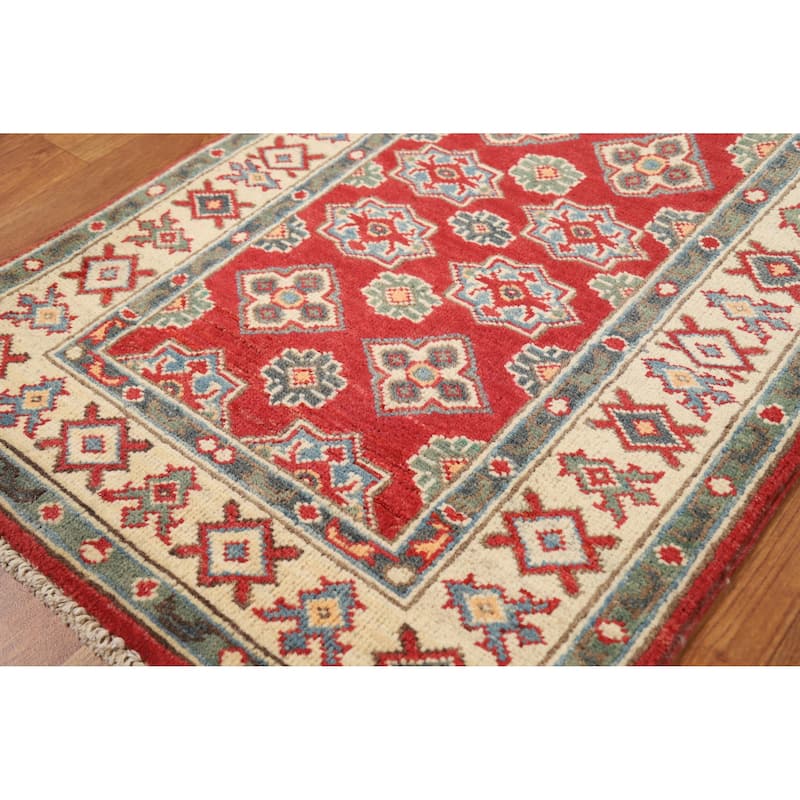 Hand Knotted Oriental 100% Wool Carpet Traditional Geometric Red Kazak Area Rug - 3' 0'' X 2' 0''