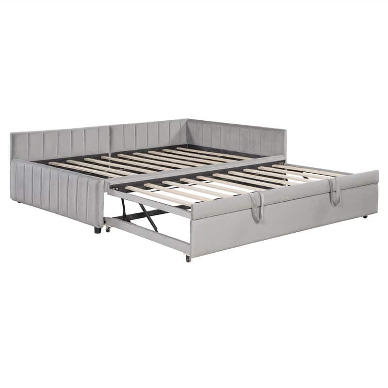 Upholstered Daybed with Twin Size Pop Up Trundle, Full Size Daybed Frame Sofa Bed with L-Shaped Backrest and Striped Design