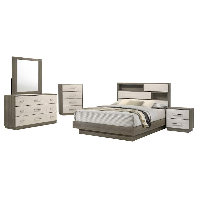 Fene 5pc Queen Bedroom Set, Gray, Brown, Built In Headboard Bookcase