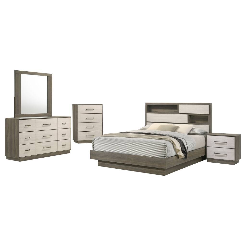Fene 5pc Queen Bedroom Set, Gray, Brown, Built In Headboard Bookcase