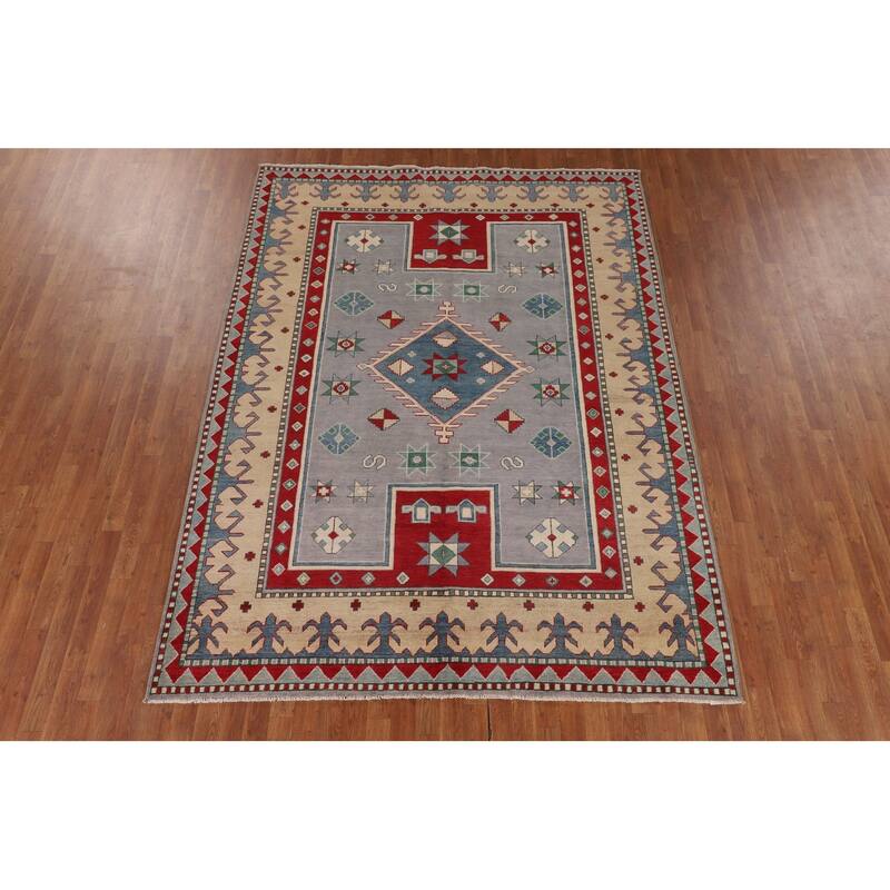 Gray Kazak Oriental Area Rug Dining Room Hand-Knotted Wool Carpet - 6'11" x 9'3"