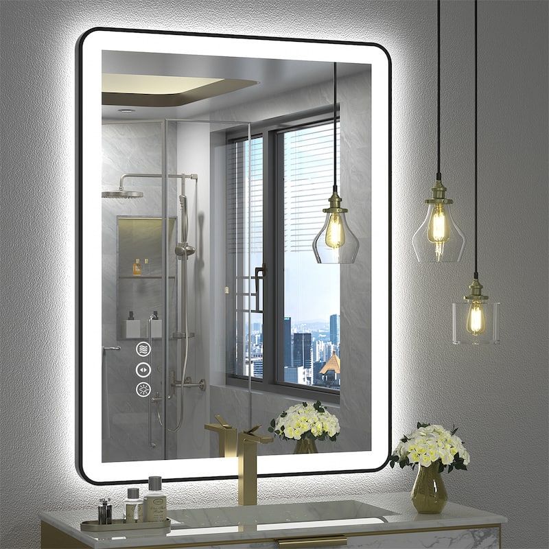 KIOTEE Rectangular Framed Front & Back LED Lighted Anti-Fog Tempered Glass Bathroom Vanity Mirror with ETL and 3-Year Warranty - 36x28