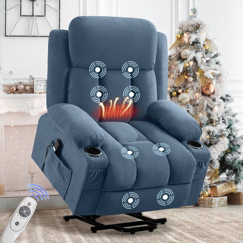 Power Lift Recliner Chair with Heat and Massage Electric Fabric Recliner Chair with Side Pocket, USB Charge Port, Remote Control - Blue