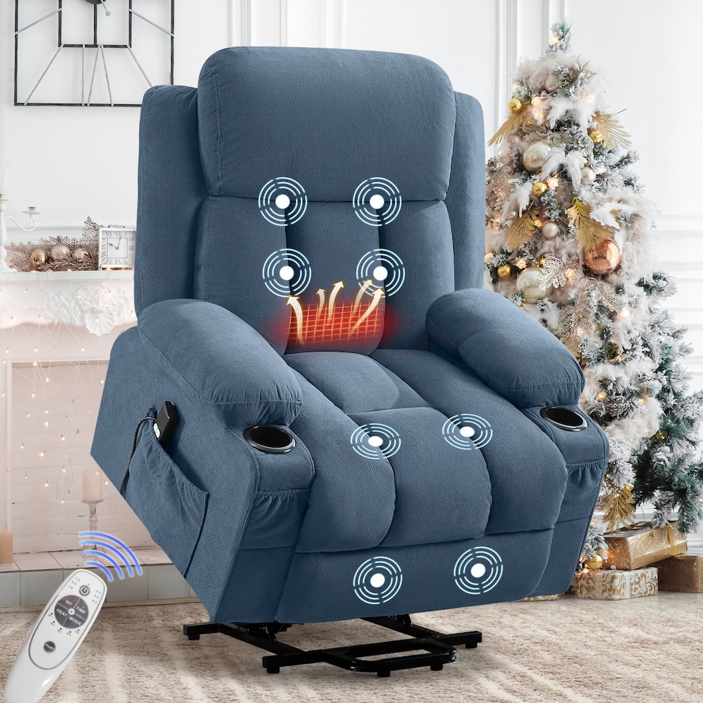 Power Lift Recliner Chair with Heat and Massage Electric Fabric Recliner Chair with Side Pocket, USB Charge Port, Remote Control