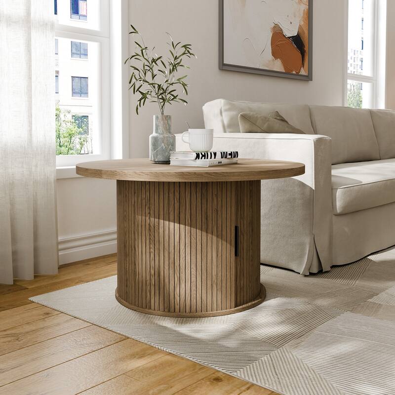 Mid Century Modern Round Coffee Table with Storage, Tambour Door Design Table for Living Room
