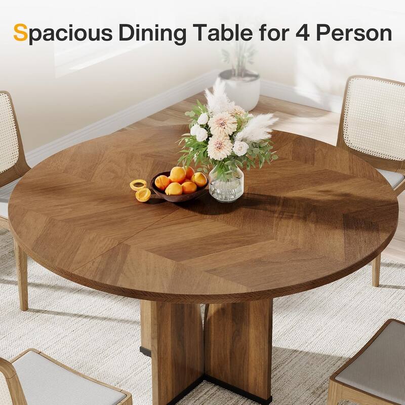39.4" Round Dining Table for 4, Rustic Brown Farmhouse Kitchen Table with Wooden Top and Legs, Small Wood Dining Room Table