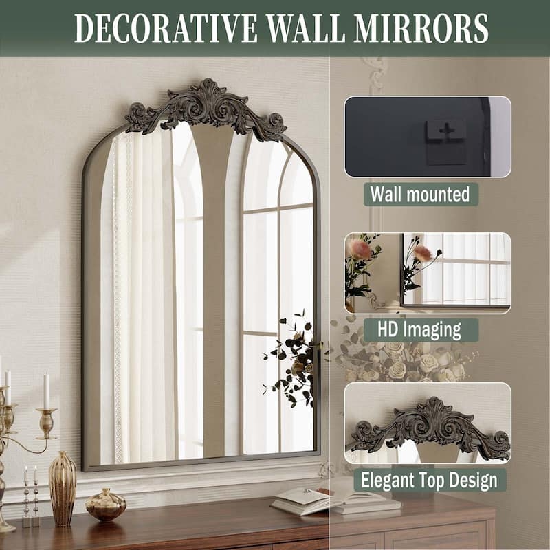 Metal Arch-top Bathroom Mirror with Baroque flower