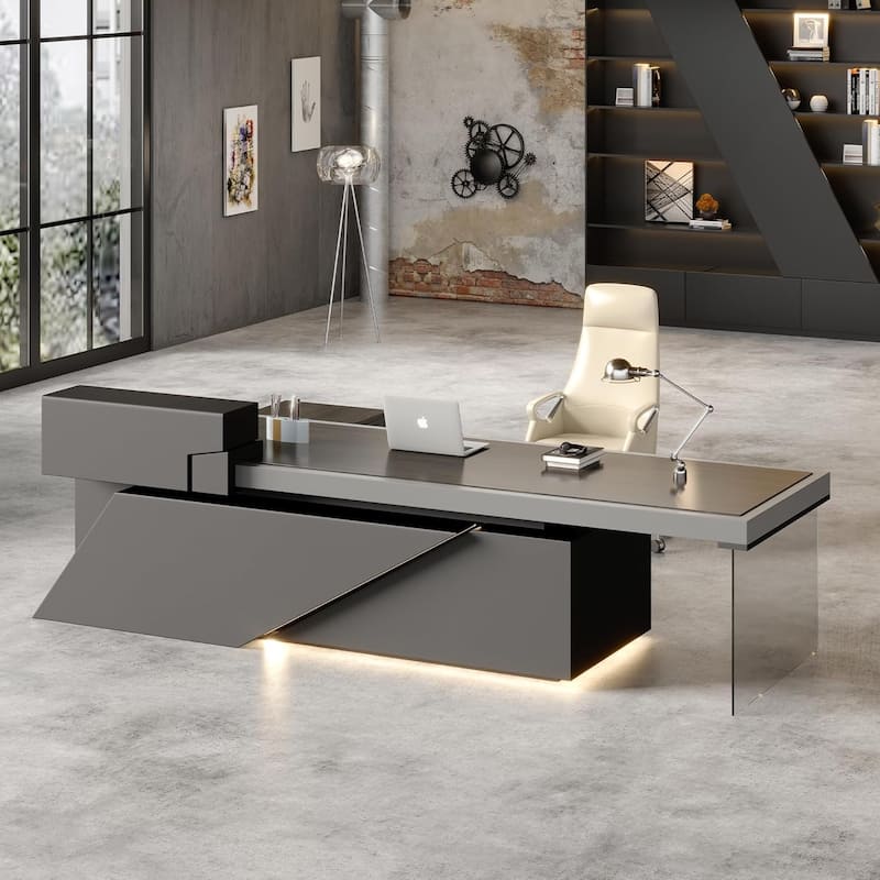 Black L Shaped Office Industrial Executive Desk with Cable Box Socket and LED Light