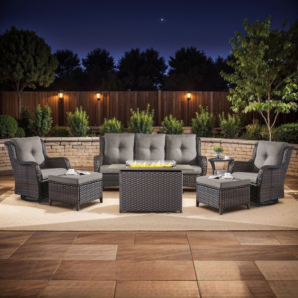 Gymojoy 7-Piece Outdoor Furniture Sofa Set with 2 Swivel Chairs, 2 Ottomans, End Table & 55K BTU Fire Pit Table