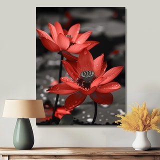 Designart "Romantic Red Monocrhome Lotus Pond Photo" Lotus Canvas Wall Art - Modern Wall Decor Art Red Wall Art Print