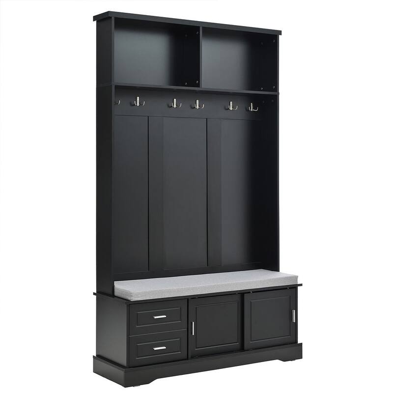 Hall Tree with Sliding Door Bench Cushion Silver Handle Storage Cabinet