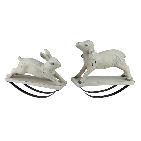 Pack of 2 Antique Finish Cream Colored Rocking Bunny Rabbit and Lamb Table Top Decorations - White