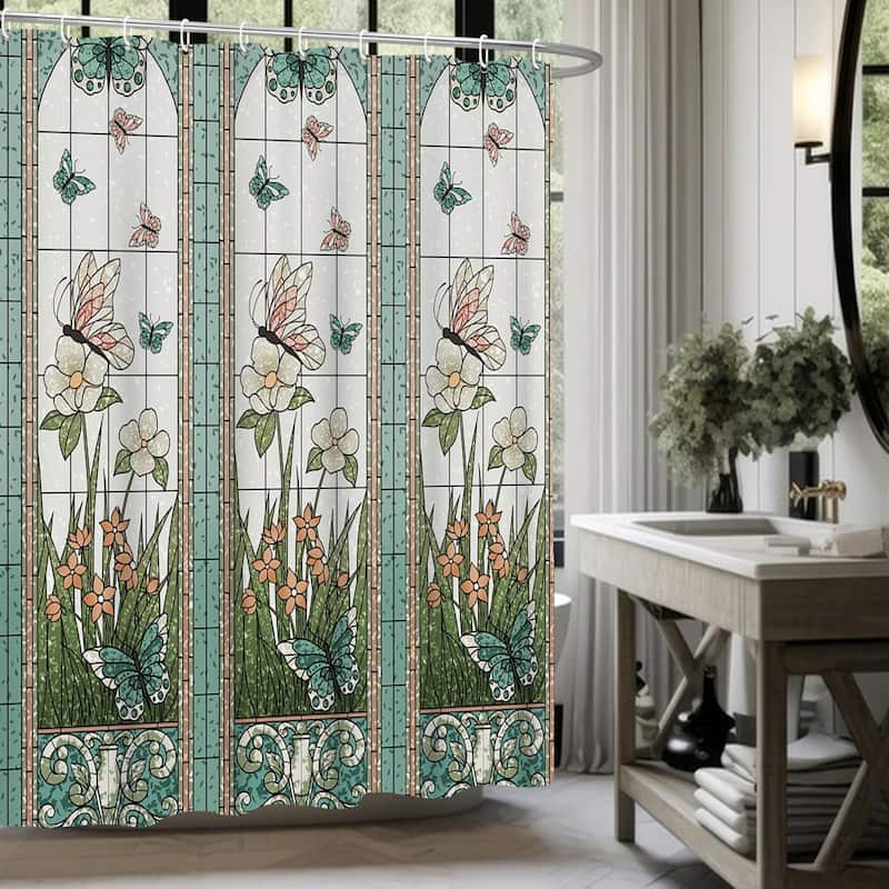Butterfly Floral Shower Curtain Set Fabric Bath Curtain, 72x72 Inches