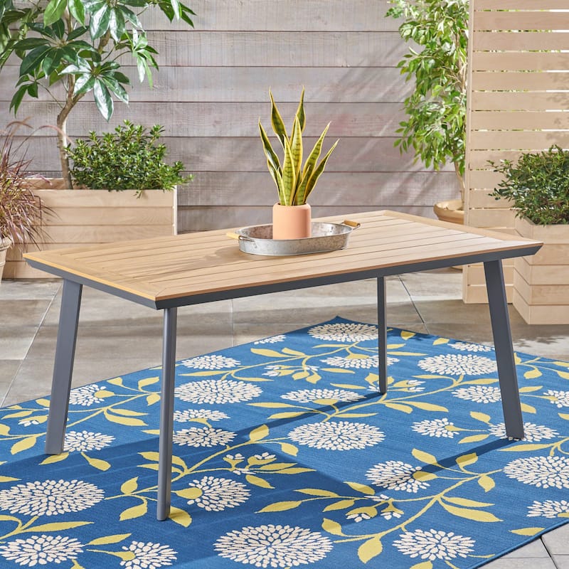 Leeds Outdoor Aluminum and Wood Dining Table by Christopher Knight Home - 63"W x 35.5"D x 28.75"H - Silver+Natural