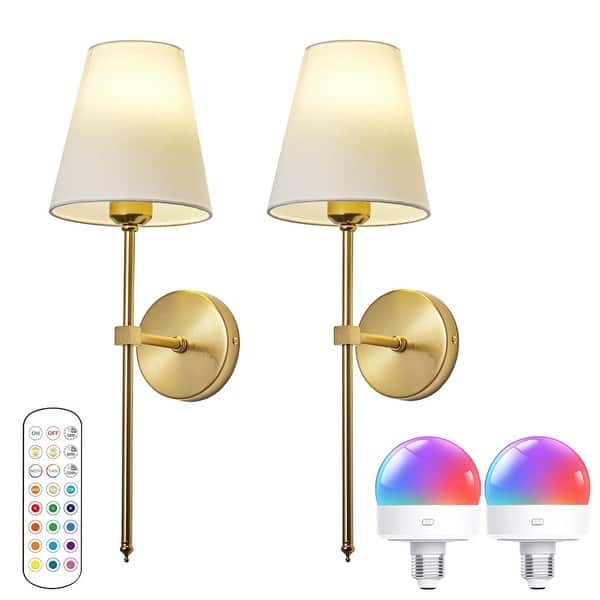 Set of 2 Gold Wall Sconces, Detachable Rechargeable Bulbs with Built-in 2000mAh Battery, Dimmable 9 Color LED Lights with Remote