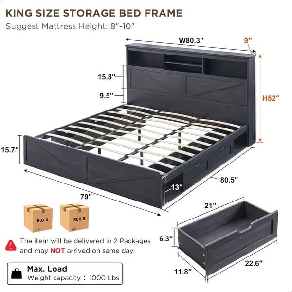 Farmhouse King Size Wood Bed Frame with Storage Headboard and Drawers ...