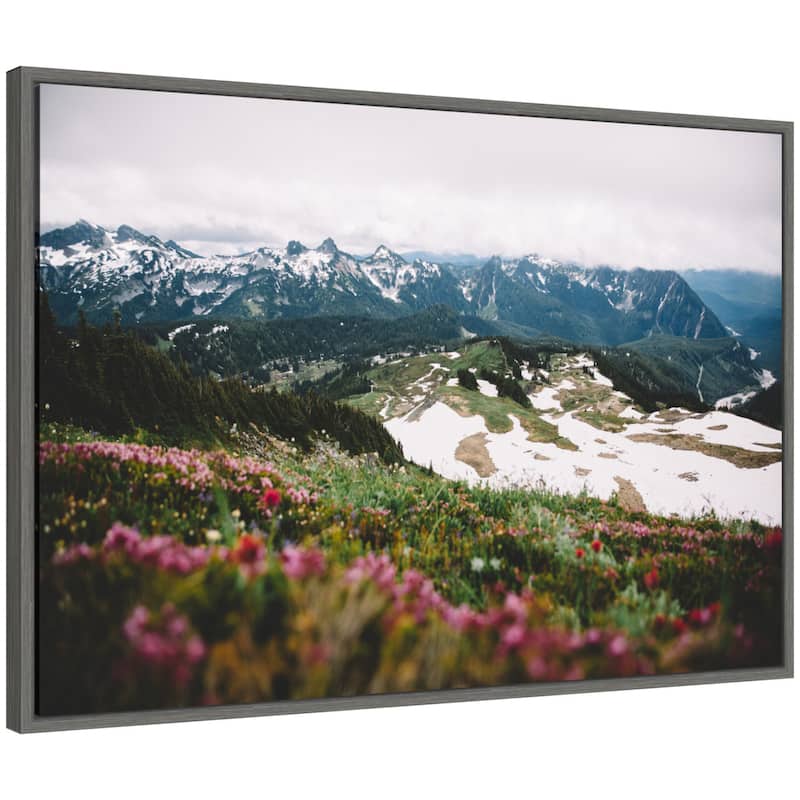 Kate and Laurel Sylvie Snow Covered Mountain Landscape Framed Canvas by Patricia Hasz of Patricia Rae Photography - 33x23 - Grey