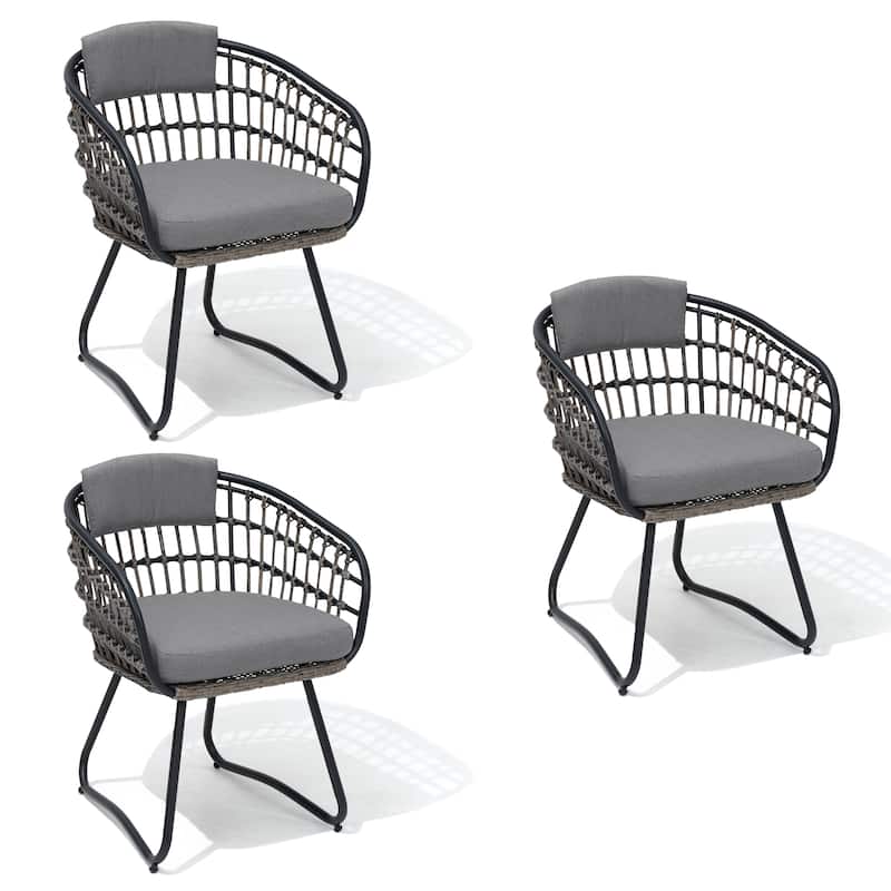 Outdoor Patio Wicker PE Rattan Dining Chairs Set with Seat Back Cushion - Grey-3PC
