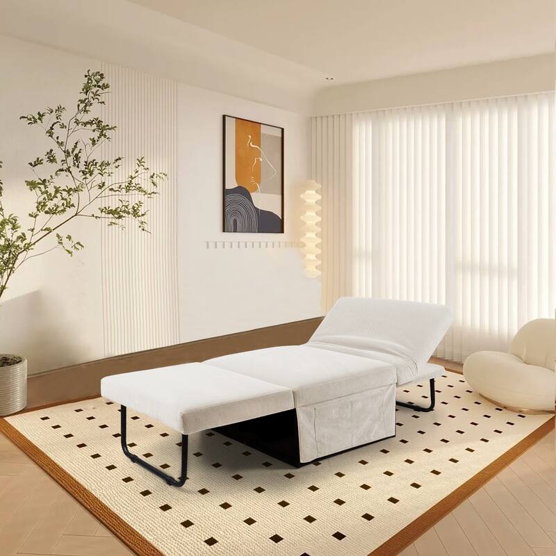 Versatile 4-in-1 Corduroy Couch Chair, Converts to Sleeper Sofa, Chaise & Ottoman - White