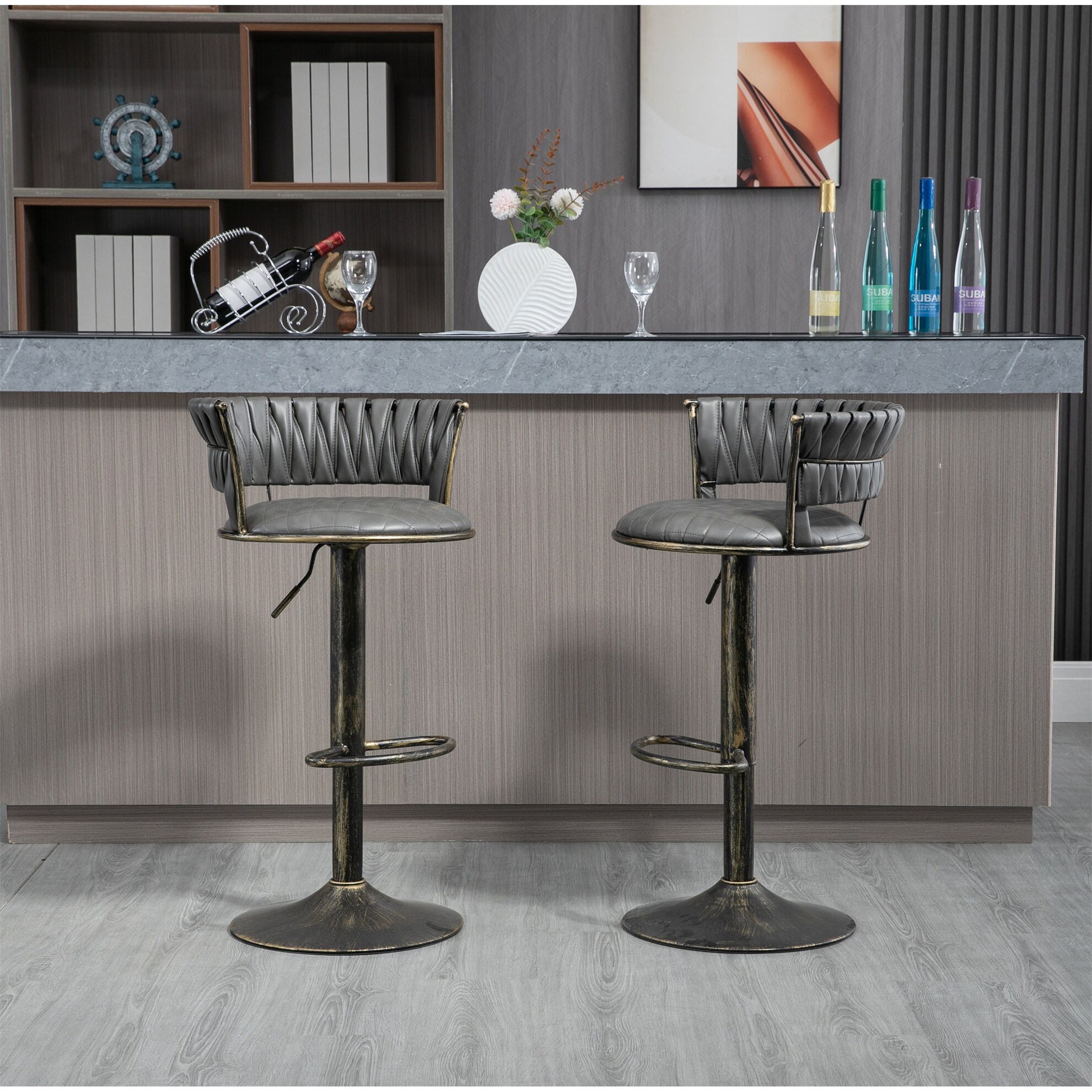 Set of 2 Swivel Bar Stools with Footrest and Adjustable Height