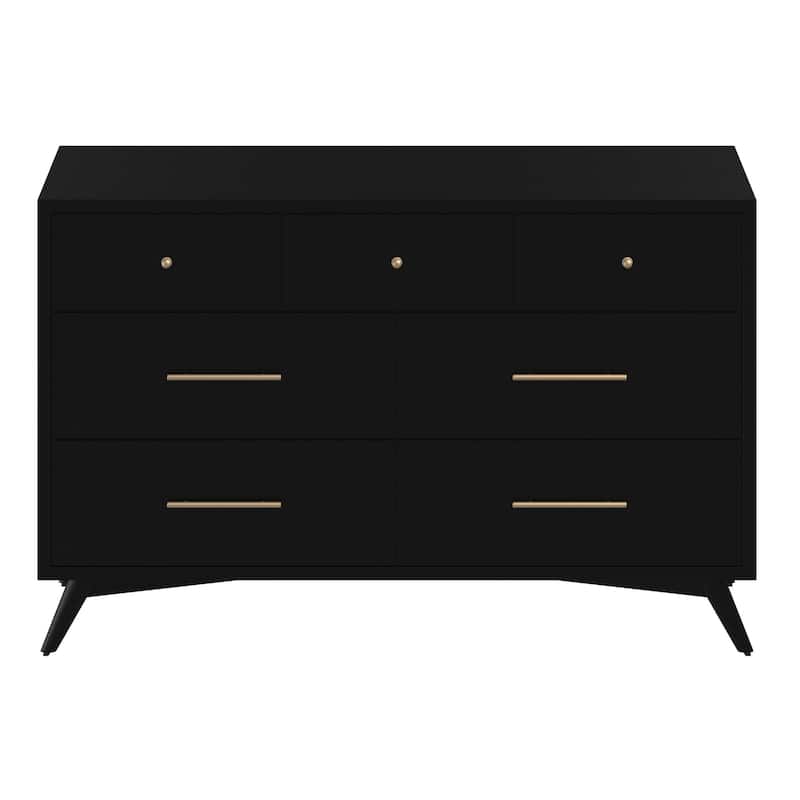 Alpine Furniture Flynn Mid Century Modern 7 Drawer Dresser, Black