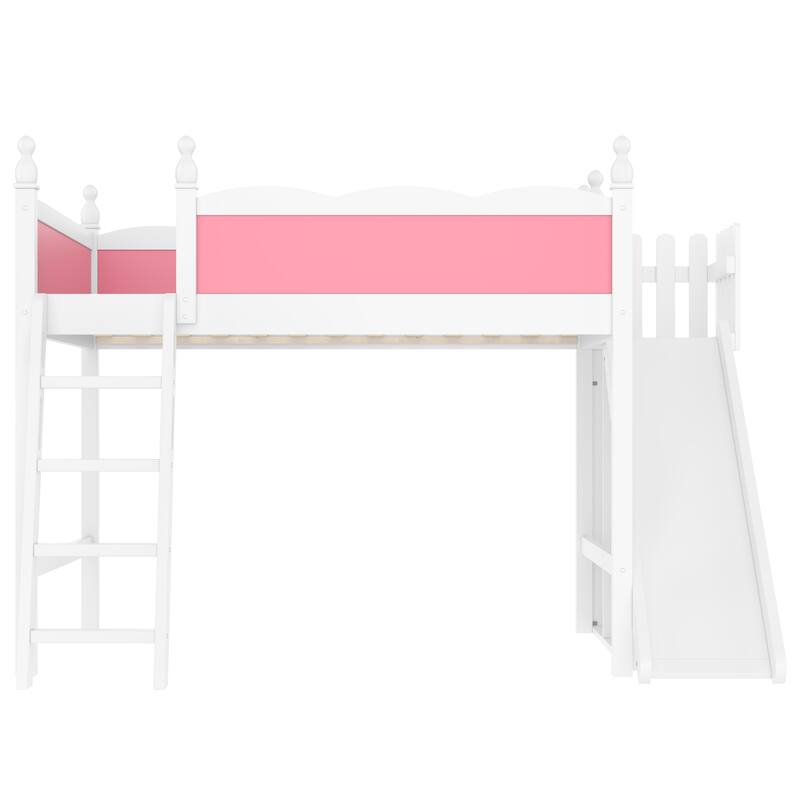Fun Play Loft Bed for Kids with Open Shelves and Wardrobe, Solid Wood Storage Bed Frame with with Detachable Slide and Ladder