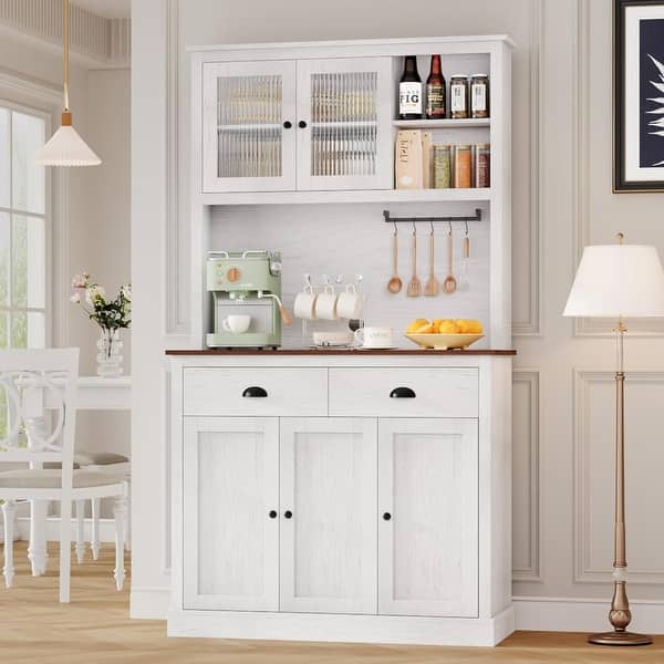 71" Tall Kitchen Pantry Cabinet With Hutch - 6 Doors, 3 Drawers, Open Shelf & Charging Station, Black Modern Farmhouse Style