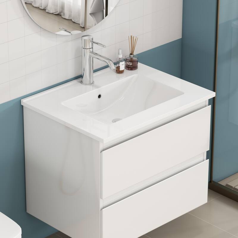 Anmytek 24-Inch White Ceramic Bathroom Sink Fits 32-Inch Vanities Pre-Drilled Faucet Hole Space-Saving Easy to Clean
