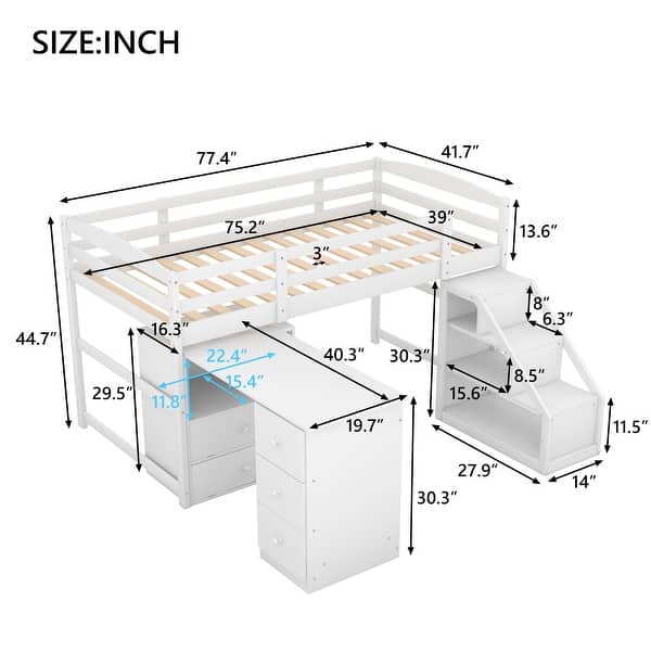Twin Size Loft Bed with Multifunctional Movable Built-in Desk and and Staircase,Built-in Movable Bookshelves Double.