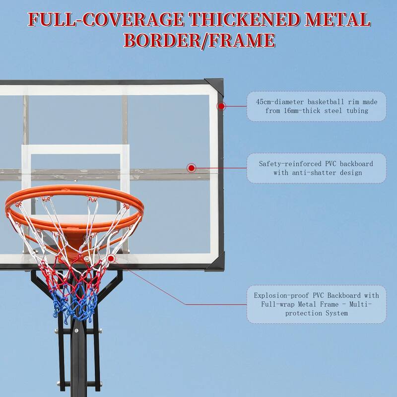 Portable Basketball Hoop,Adjustable Height 8.04ft to 10.01ft,44 inch Backboard with Rebound System,w/Counterweight Bag & Wheels
