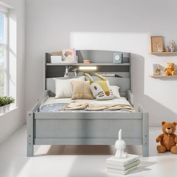 slide 2 of 8, Wooden Twin Size Platform Bed Frame with LED Light and Storage Headboard, Grey
