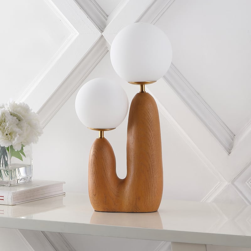 Astra 17.75" 2-Light Modern Bohemian Resin/Iron/Frosted Glass Danish Cactus LED Table Lamp, by JONATHAN Y