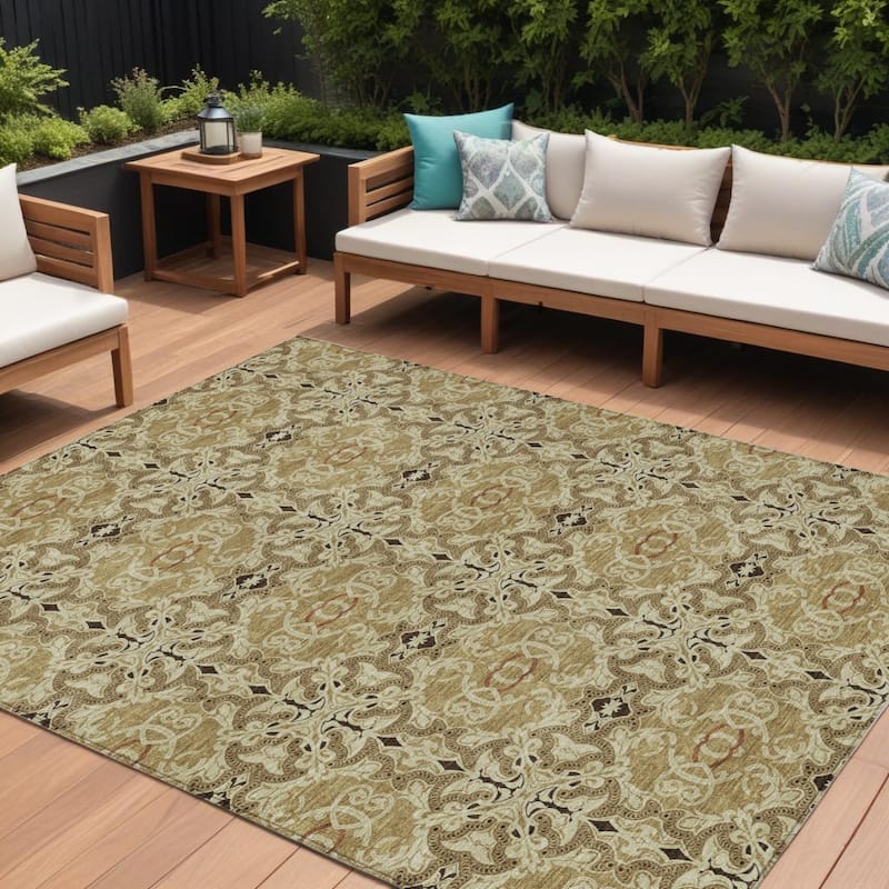 HomeRoots Medallion Transitional Rectangle Outdoor Rug - 9' X 12'