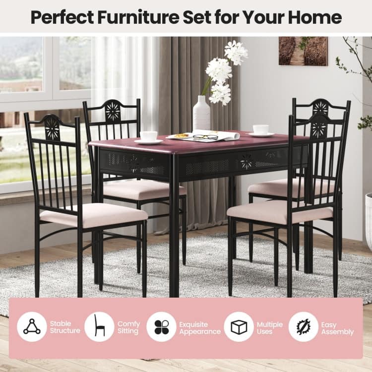 5 pcs Dining Set Wood Metal Table and 4 Chairs with Cushions