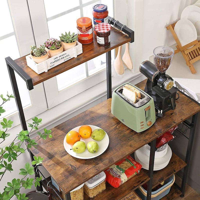 Kitchen Microwave Oven Stand Shelf with Wire Basket and 6 S-Hooks - 35.4"L x 15.7"W x 52"H