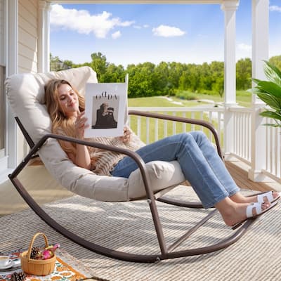 FINCATI Outdoor Patio Rocking Chair, Papasan Chair Rocker, Oversized Padded Rocking Chair, Lounge Rocker with Cushion