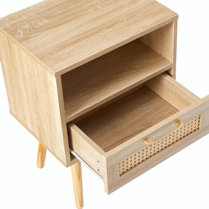 Rattan Nightstand with Drawer, Solid Wood Legs, 16"" Side Table