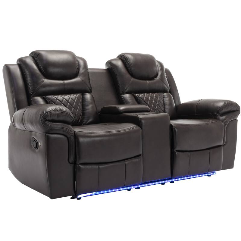 Home Theater Seating Manual Recliner Loveseat with Hide-Away Storage, Cup Holders and LED Light Strip for Living Room, Black