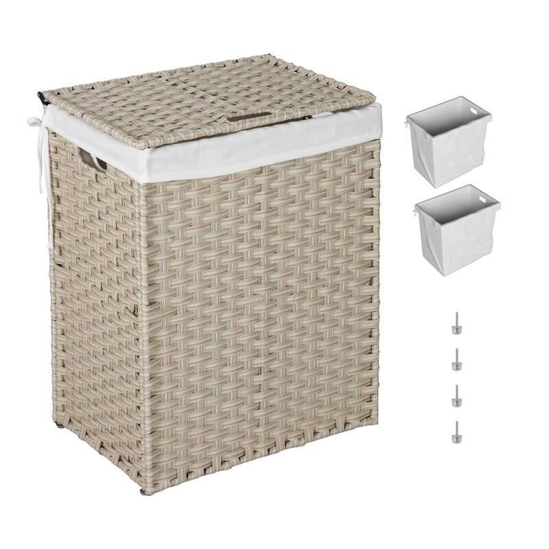 Laundry Hamper With Lid PE Rattan Powder Coating Frame Clothes Hampers with 02 Removable Bags, 100L, Grey Color - Grey