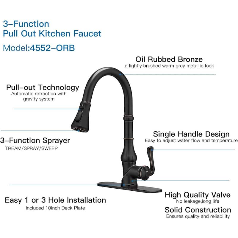 Singe Handle Pull Down Bronze Kitchen Faucet with Three Functions Sprayer - 2.28-in W x 15.9-in H