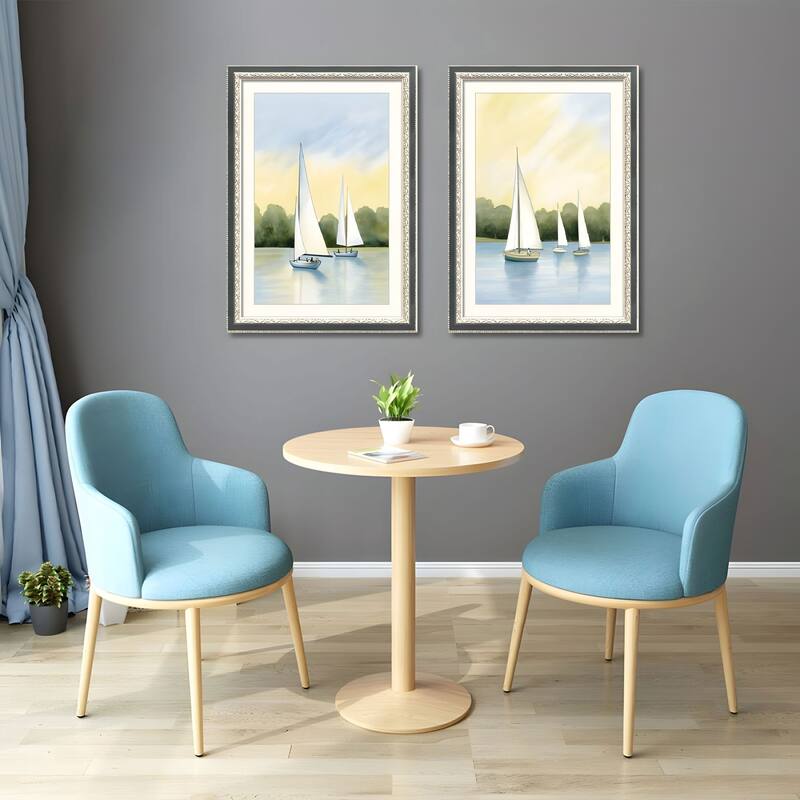 Set of 2 Sailboat Framed Wall Art - Replaceable Canvas Prints with Solid Wood Picture Frames, Nautical Wall Decor - Green,Pink