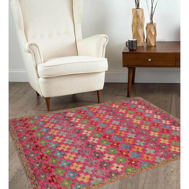 Modern Balochi Espinoza Pink/Orange Hand Knotted Wool Rug - 3'4'' x 4'10''