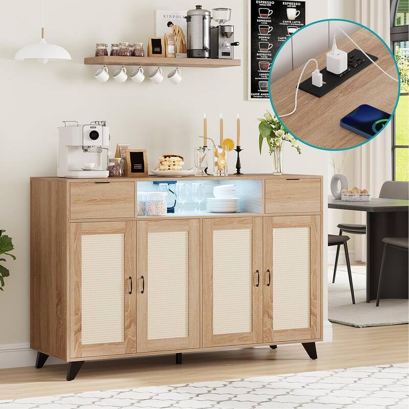 Sideboard Buffet Cabinet, 4 Rattan Doors 2 Drawers Accent Storage Cabinet - Natural