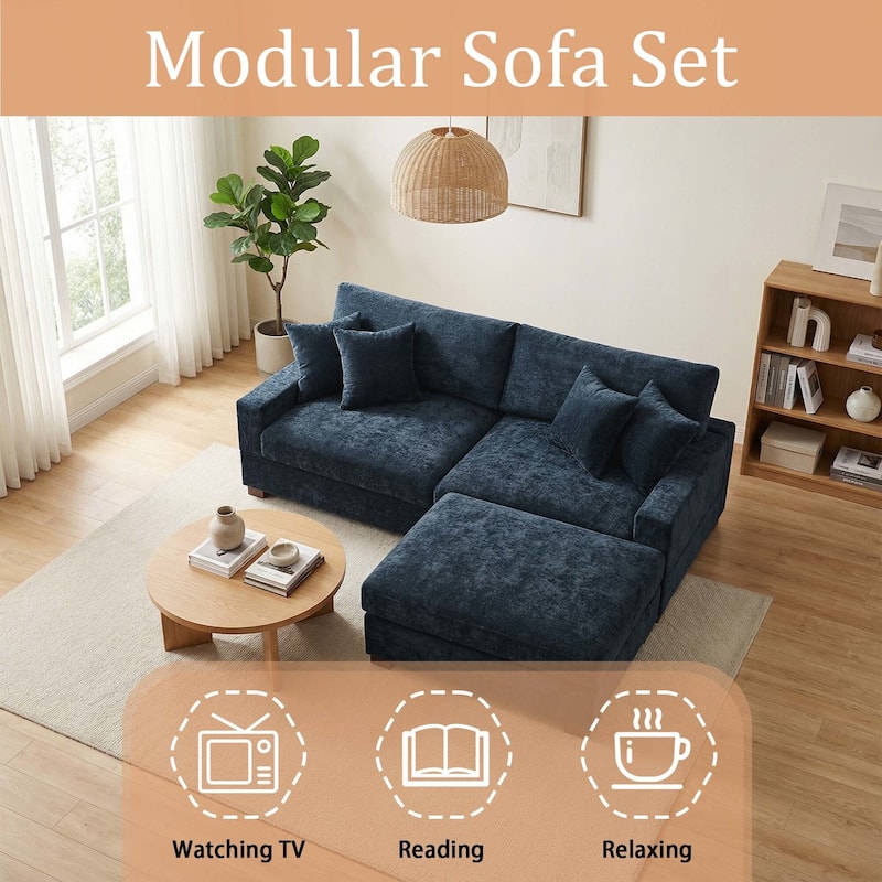 Oversized Chenille Modular Sectional Sofa Living Room Set with Ottoman