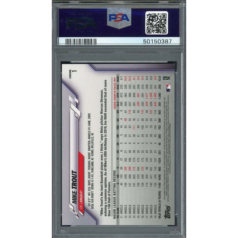 Mike Trout 2020 Topps Chrome SP Baseball Card #1 Graded PSA 9 MINT - 8'6" x 11'6"