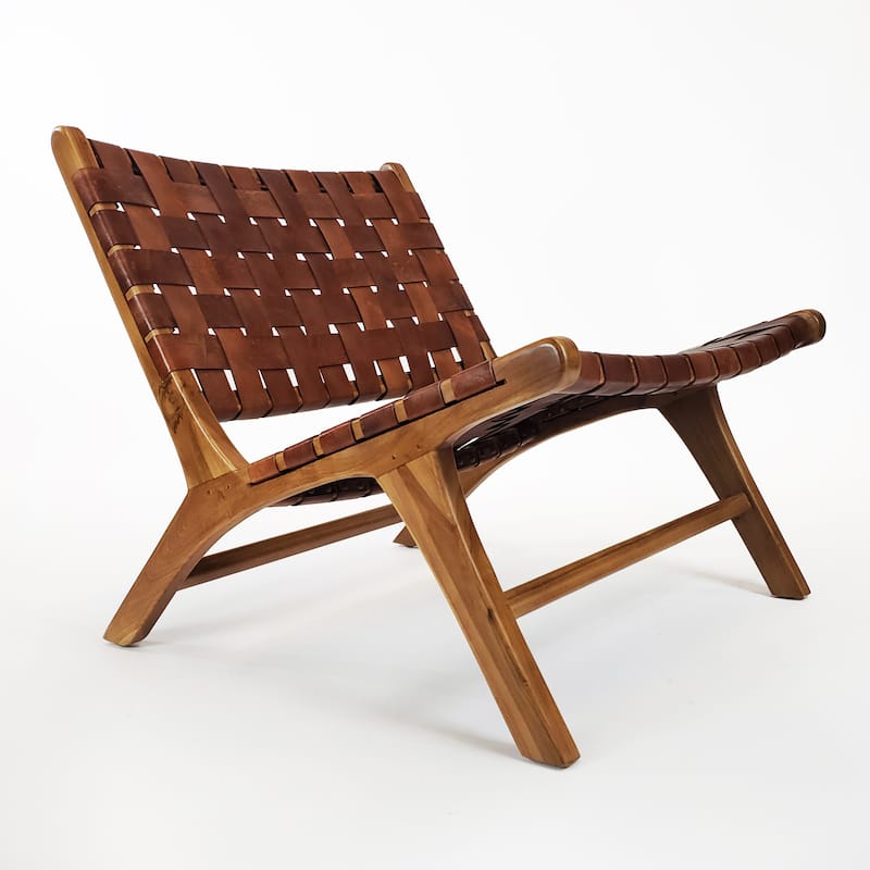 Brisot Square Weave Leather on Teak Wood Lounge Chair